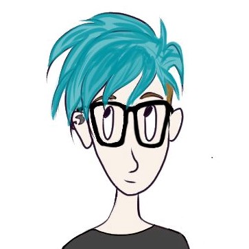 A cartoon portrait of a person with glasses and short teal hair